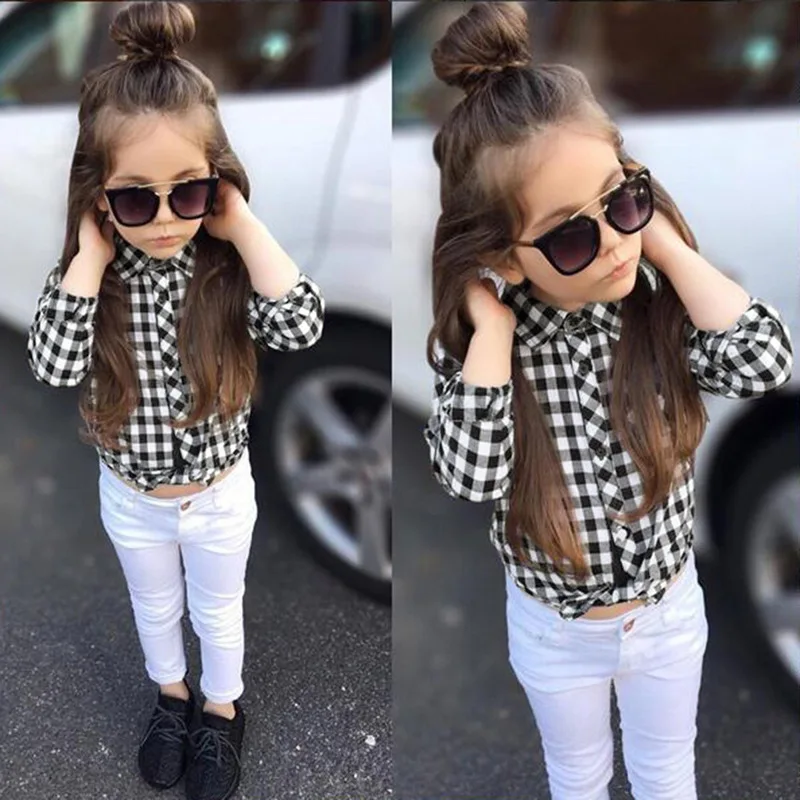 

Fashion Autumn Girl Set Long Sleeve Plaid Shirt + White Pants 2PCS Children Sets Kids Suit Girls Clothing