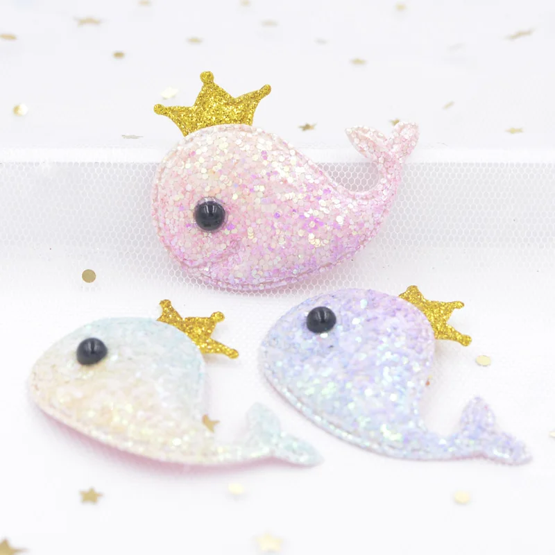 

5CM Shiny Gradient Iridescence Fabric Padded Patches Kawaii Crown Stick-on Whale Appliques for DIY Hair Clip Bow Accessories S06