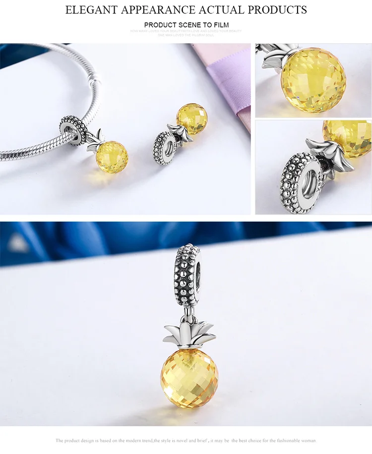 talismã de prata refinada cristal amarelo de abacaxi contas com pingente para presente de joalheria faça você mesmo