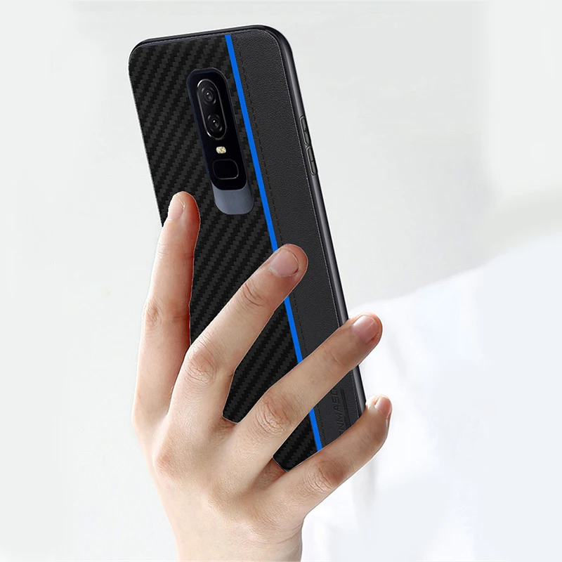 Funda de cuero de PU de fibra de carbono Oneplus 6 Funda original a prueba de golpes Funda de protección completa One Plus 6 Funda 1 + 6 Funda trasera de teléfono