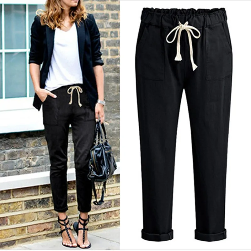 

2018 High Waist Elastic Harem Pants Women Casual OL Lady Pocket Lace up Ankle-length befree Trouser Pantalon femme Black Grey V7