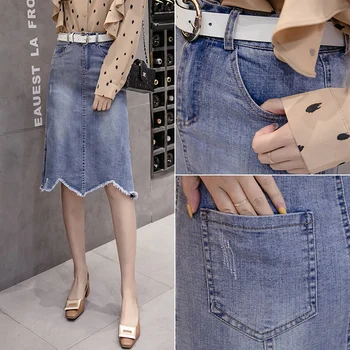 

Spring Jean Skirts Women Elastic Half-length Jean Skirt High Waist Skirt Irregular Edges Female Skirt Casual Streetwear