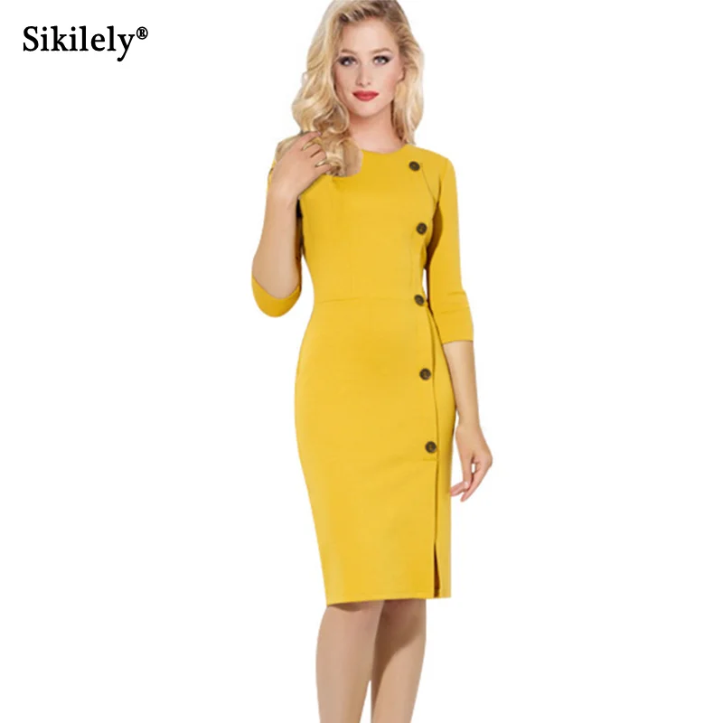 

2019 Fall New Design O Neck Long Sleeve Work Dress Pencil Bodycon Clothes with Buttons Yellow Vestido Bandage Lady Dress