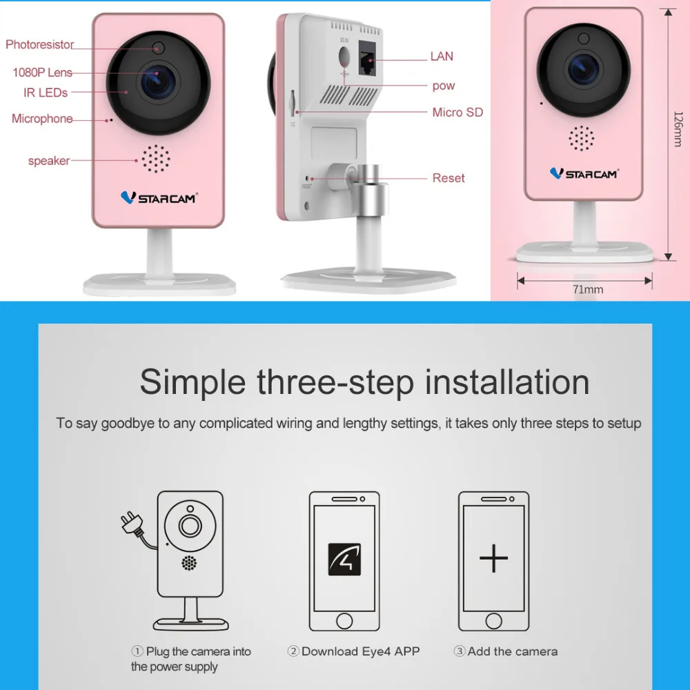 VStarcam WiFi мини панорамный фотоаппарат инфракрасного ночного видения беспроводная сигнализация движения видео ip-камера с монитором C60S розовый