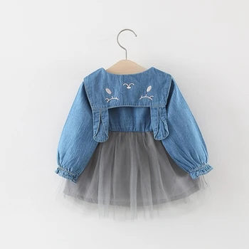 

Autumn Infant Girls Long Sleeve Lapel Collar Cartoon Rabbit Denim Jeans Patchwork Mesh Princess Party Tutu Baby Dress vestidos