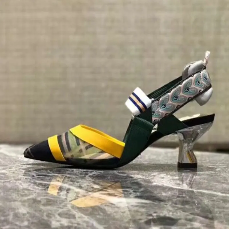 Летняя модная обувь для подиума; сетчатые дизайнерские сандалии в стиле пэчворк; женские пикантные туфли на высоком каблуке с острым носком и эластичной лентой - Цвет: as picture 5 CM heel