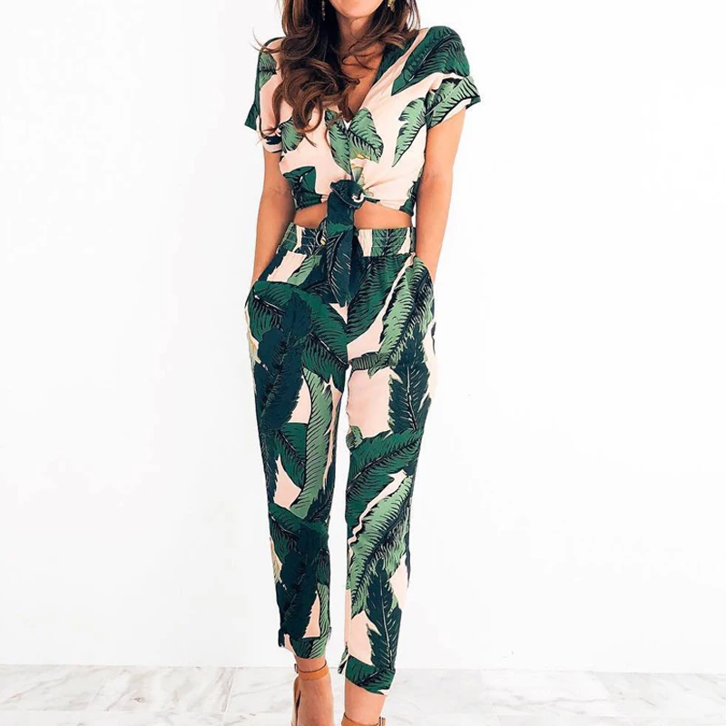 

Missufe Boho Beach Wear Summer Suits 2019 Sexy Women Sets Floral Print Cropped Tops And High Waist Pants Two Pieces Sets