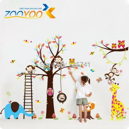 zooyoo original monkey tree animal owl tree wall stickers decal