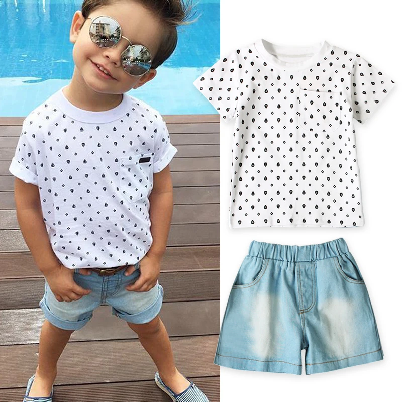 New Sport Clothes Set Baby Boy Black Polka Dot Short Sleeves T shirt jeans Pants For 2 6Y
