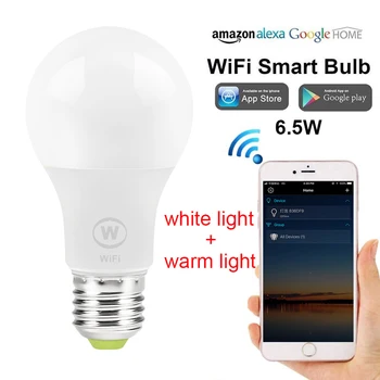 

WiFi Smart Light Bulb 6.5W E27 Lamp 2700-3500K 650ML Wake-Up Lights, No Hub Required, Compatible with Alexa and Google Assistant