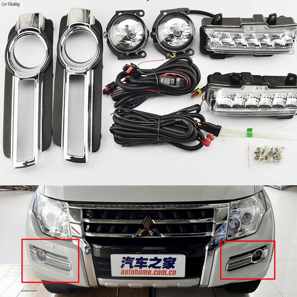 

CSGJMY 1 Set LED DRL Daytime Running Light With Yellow Turn Signal Fog Lamp White For Mitsubishi Pajero Montero 2015 2016 2017