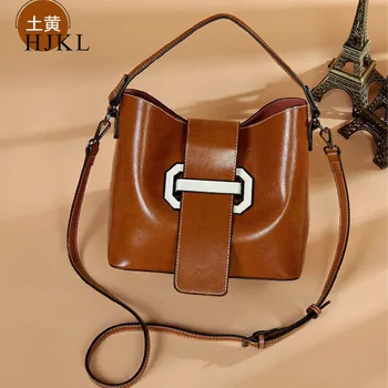 

2019 Popular Women Genuine Leather Handbag casual simple bucket bag High Quality New Type
