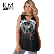 Kissmilk 2017 Fashion Women Clothing Plus Size V-neck Sleeveless Top Tee Back Cut Out Graphic Print Big Size T-shirt 3XL-7XL cut out neck back knit top