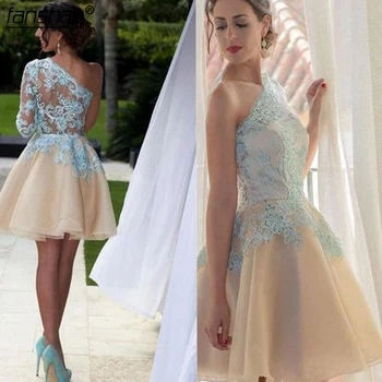 

Sky Blue Homecoming Dresses One Shoulder A-line Champagne Tulle Lace Applique Bead Knee-Length Illusion Elegant Cocktail Dresses