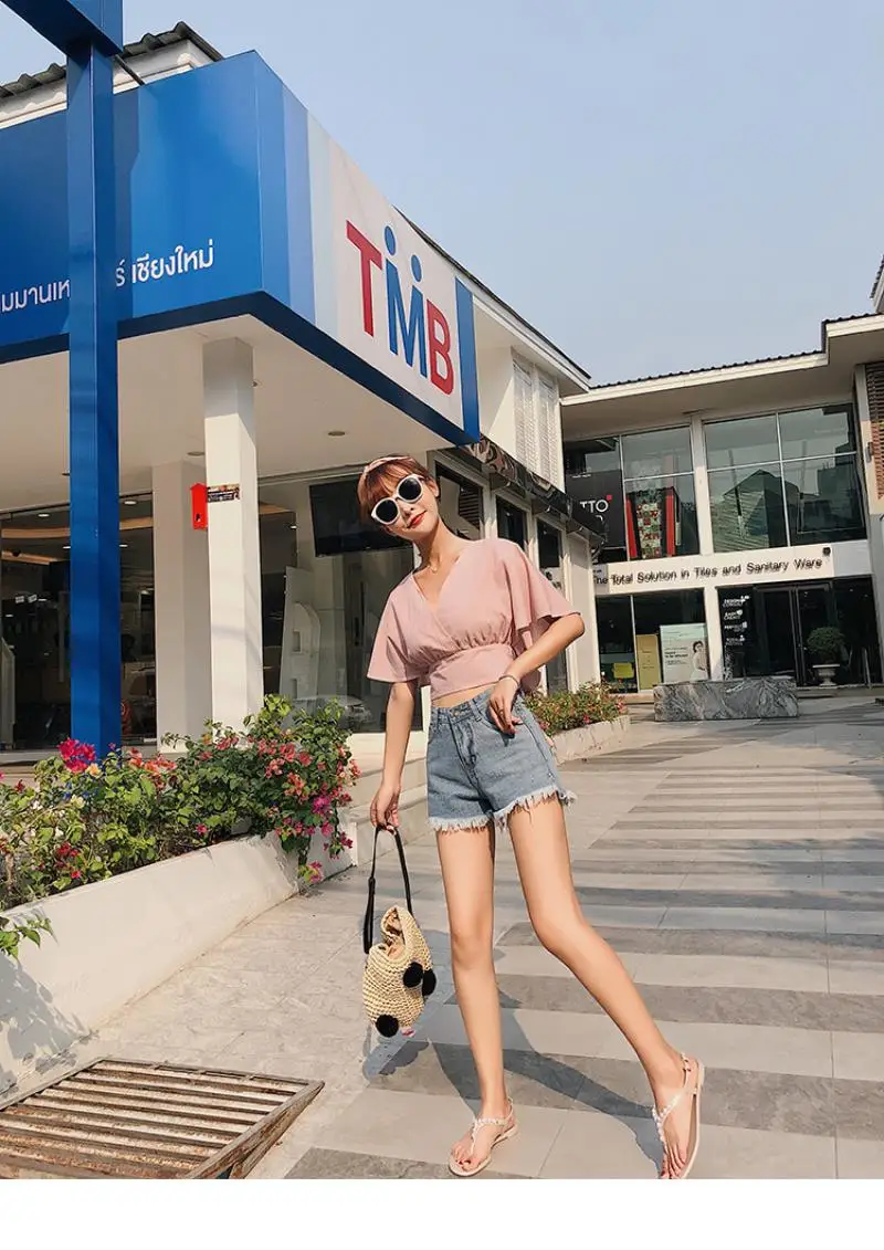 2018 summer women short flare sleeve short top sexy wrap v neck blouse female vacation lace up bow tie crop shirt top
