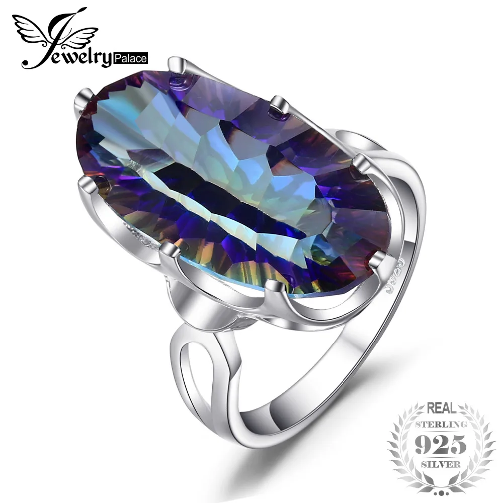 

JewelryPalace 11.8ct Concave Genuine Mystic Blue Rainbow Topaz Cocktail Ring For Women 925 Sterling Silver Fashion Party Gift