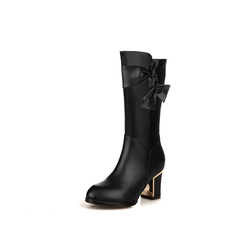 

Autumn winter new mid calf boots women high heels pu leather black boots fashion bowknot chunky heels ladies shoes zapatos mujer