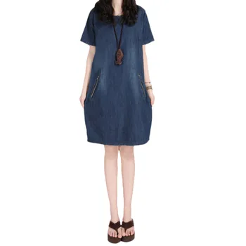 

2019 New Round Neck Dress Large Size Loose Thin Denim Dress Summer Fashion Casual Temperament Short Sleeve Denim Dresses JIA256