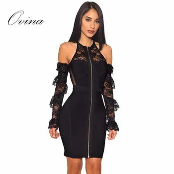 

Black Women Dress Long Sleeve Bare Shoulder Lace Mini Bandage Dress Night Party Dress