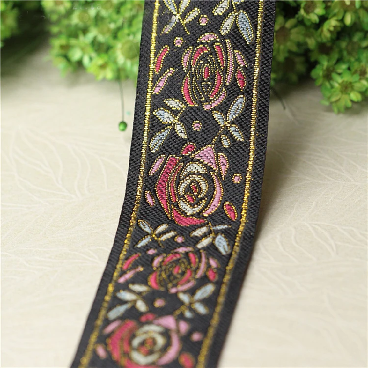 

8M/lot National style black gold thread embroidery flower diy accessories sewing decorative ribbon patchwork lace A1562
