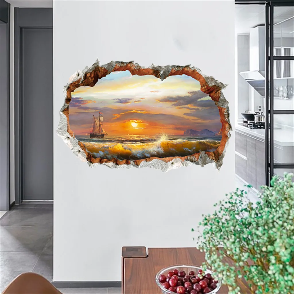 3D разбитая стена DIY семейная домашняя Наклейка на стену природа закат светящиеся на пляже обои наклейка для гостиной настенное Искусство Плакат