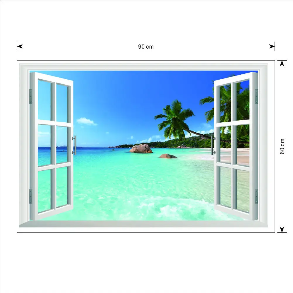 Wall Sticker  3D Window Beach Sea  Scenery Home Decor Removable Decal Mural 