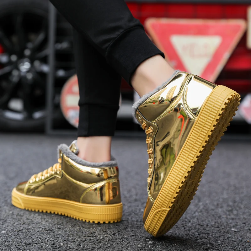 TYDZSMT Women Vulcanized Shoes Short Plush Warm Sneakers Ladies Lace-up Basket Shoes Bling Mirror Leather Flat Gold Shoe