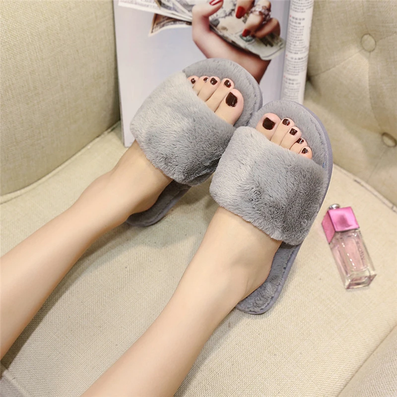 

Womens Ladies Slip On Sliders Fluffy Faux Fur Flat Slipper Gray Flip Flop New Fashion Indoor Slippers Masculino Casual Ladies