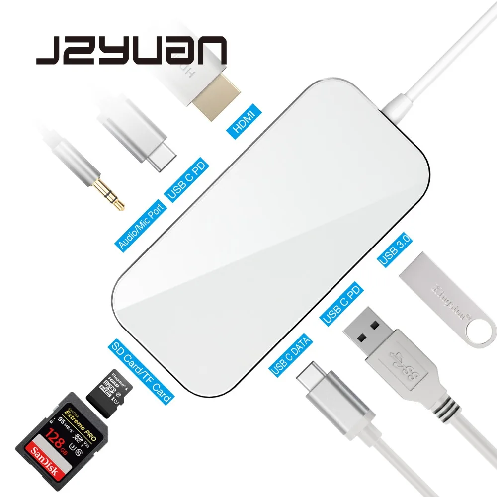 JZYuan USB-C Type C 3.1 Hub to Type C PD Power Delivery 3.5mm Audio HDMI 4K USB 3.0 SD/TF Card Reader Hub For Macbook DELL JZYuan USB-C Type C 3.1 Hub to Type C PD Power Delivery 3.5mm Audio HDMI 4K USB 3.0 SD/TF Card Reader Hub For Macbook DELL
