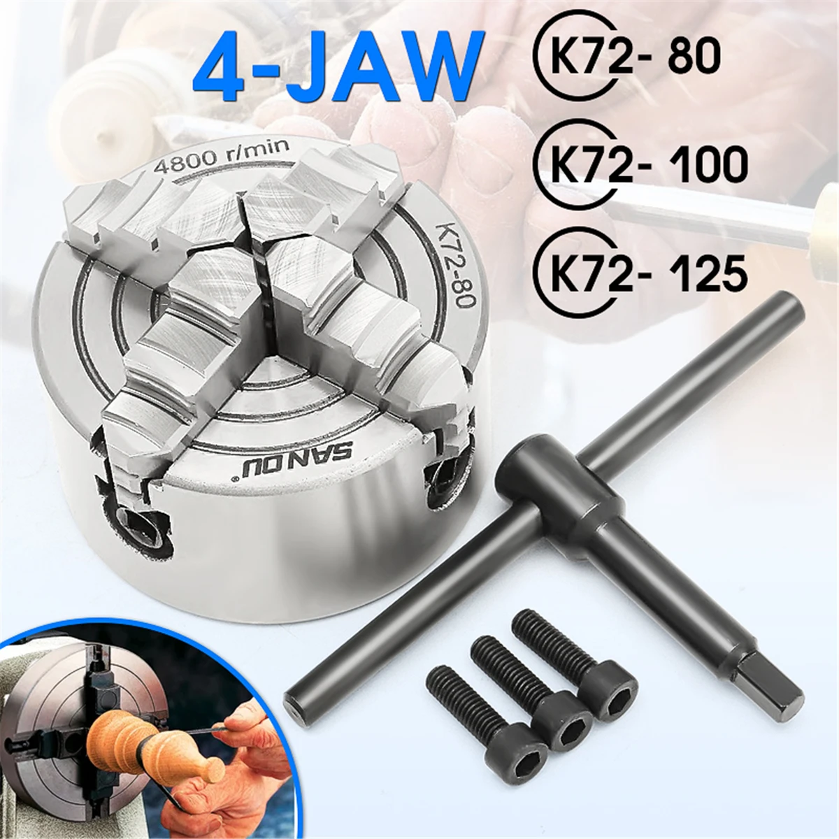 

K72- 80/K72- 100/K72- 125 4 Jaw Lathe Chuck 80mm/100mm/125mm Independent 1pcs Safety Chuck Key 3pcs Mounting Bolt