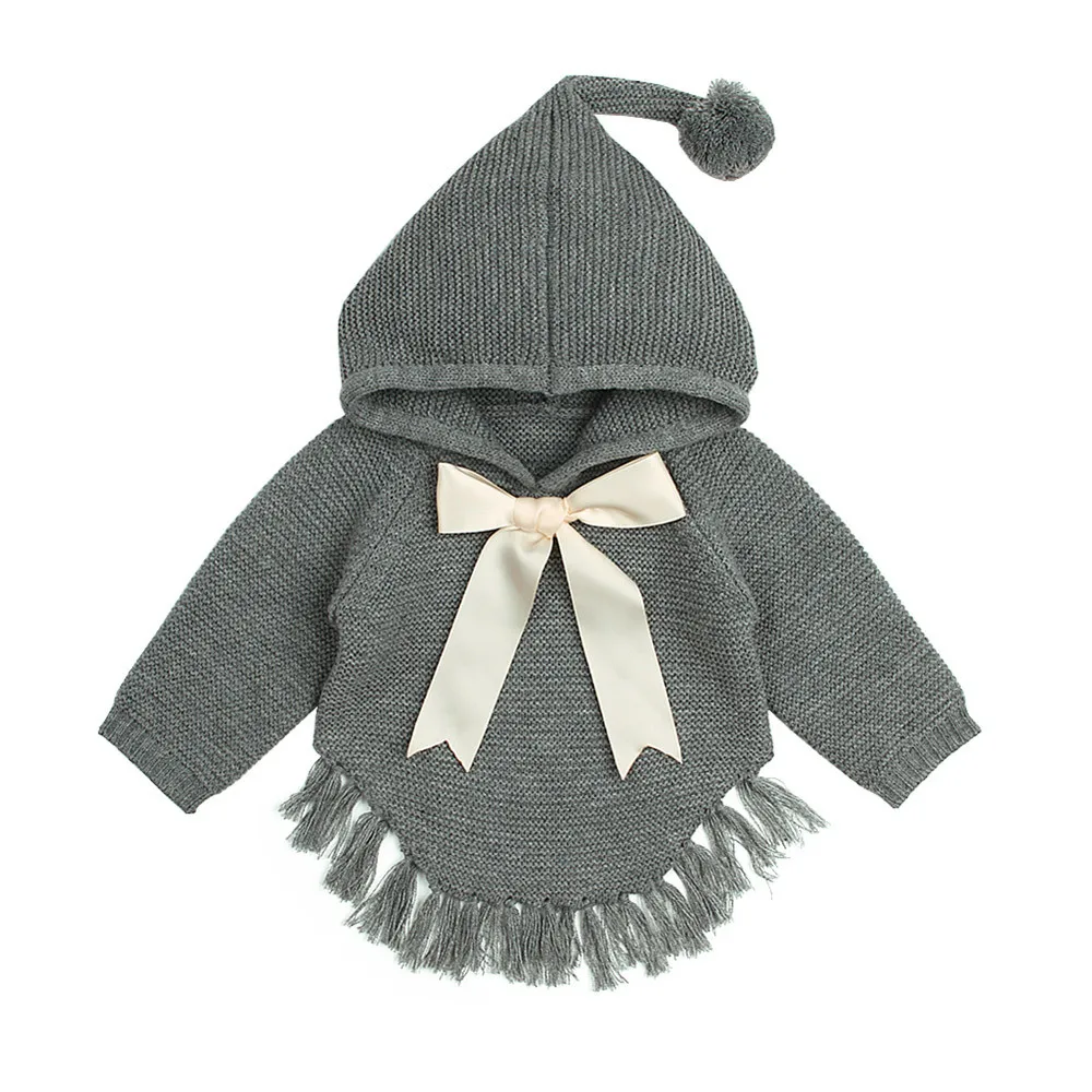 Winter Newborn Red jacket Infant Baby Boys Girls Bow Tassel Knitted Long Sleeve Hooded Tops Sweater Outfits Fringed hooded - Цвет: Gray