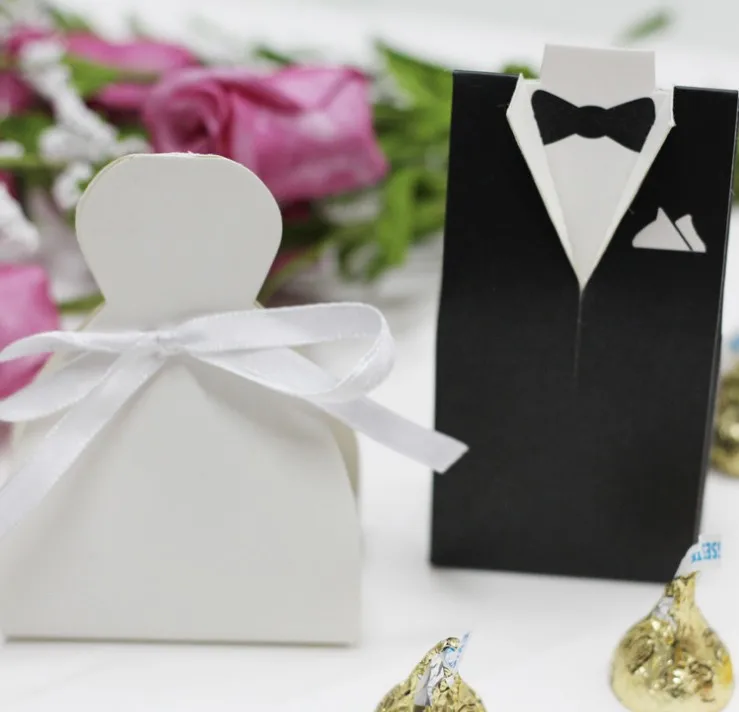 5.1*3.1*10CM Tuxedo dress Bride groom candy box with white ribbon wedding gift favor box 50Pair