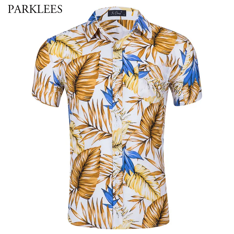 Summer Short Sleeve Men Hawaiian Shirt Brand Slim Fit Button Down Beach Shirts Holiday Party