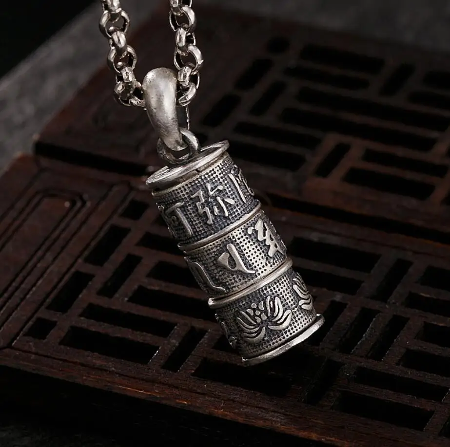 

925 Sterling Silver Fashion Jewelry Cylindrical Prayer Box Locket Om Namo Amitabha Pendant A2086