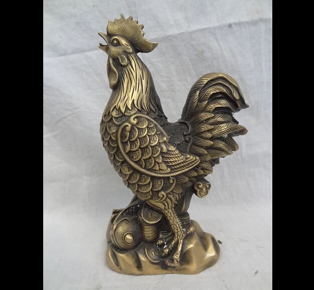 

wan671006+++12" Chinese Year Zodiac Bronze Wealth Coin RuYi Cock Rooster Up Crow Statue
