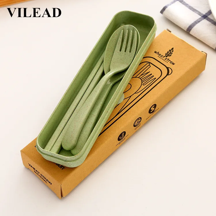 

3Pcs/Set Wheat Straw Portable Outdoor Tableware Sets With Folding Combination Spoon Fork Chopsticks Bento Lunch Box Tableware