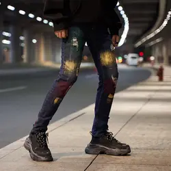 Для мужчин окрашивания обтягивающие джинсы Уличная Хип-хоп граффити рваные зауженные джинсы джоггеры высокое качество прямые отверстие
