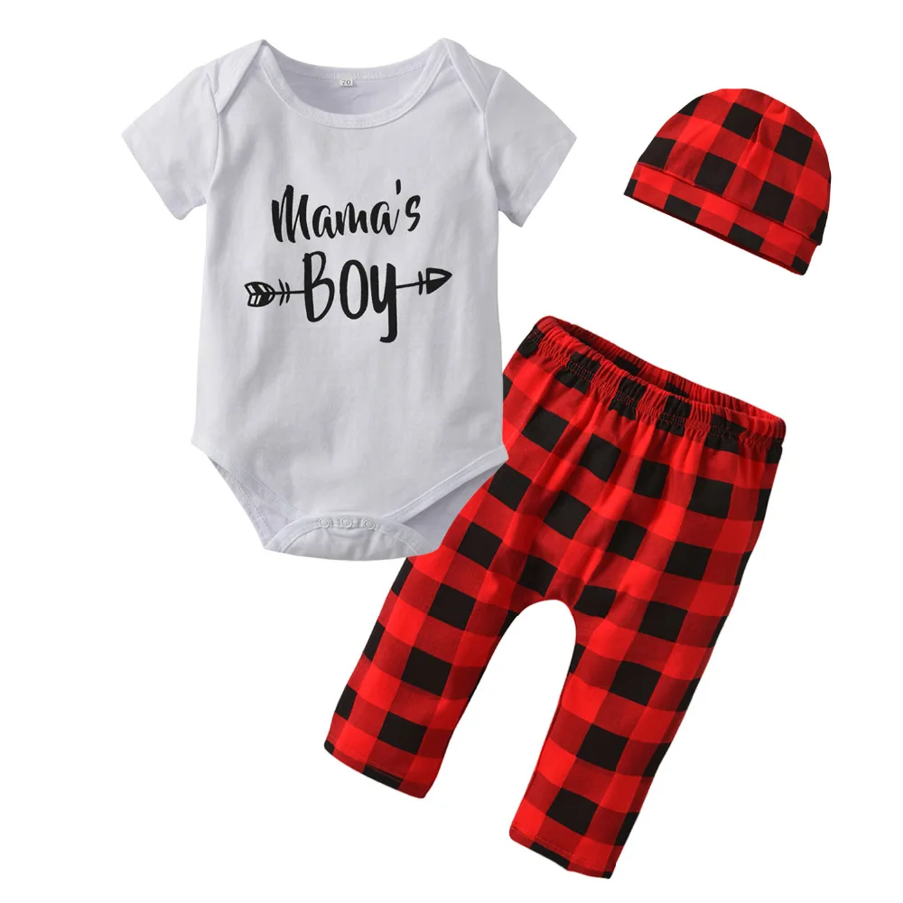 3Pcs Newborn Baby Boy Summer Clothes Set Mama's Boy Romper Tops+Red