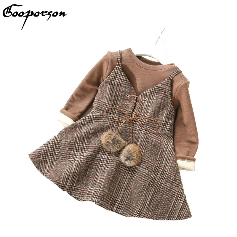 

Fashion Princess Plaid Dress 2pcs Clothes Set Flee Shirt + Dress Set For Kids Clothes Children Winter Outerwear Baby Girl Sets
