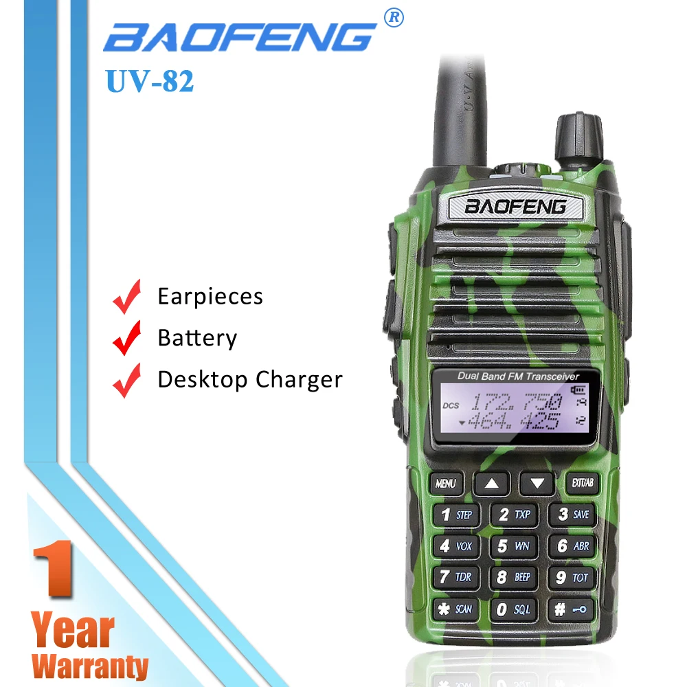 

Baofeng UV-82 Walkie Talkie UV 82 Dual Band Two Way Ham Radio Dual PTT CB Transceiver UV82 Camo 128CH UHF VHF 136-174/400-520Mhz