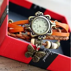 Ткачество Ретро часы Для женщин Стильный кожаный браслетный ремешок для часов Таблица женские часы бабочка подвеска для девочек студент