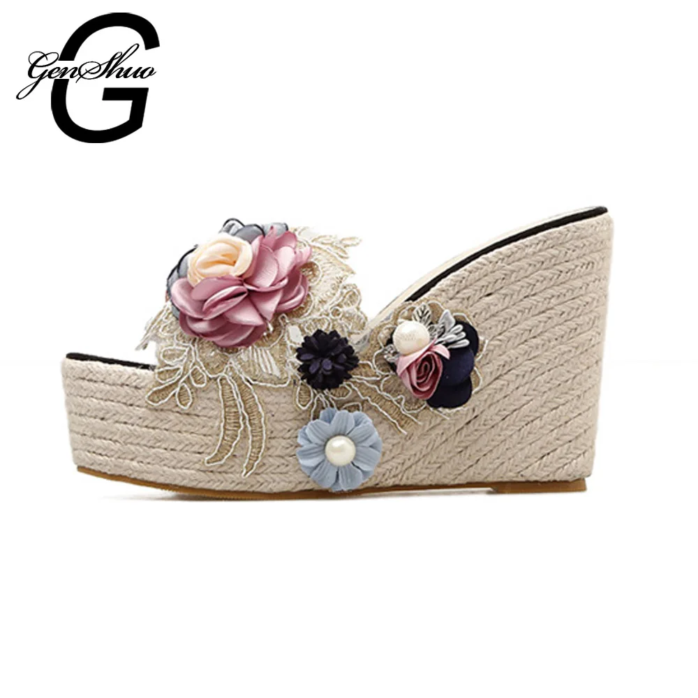 

GENSHUO 2018 New Summer Platform Wedges Sandals Women High Heels Flower Slipper Female Summer Shoes Size 34-40 Drop Shipping
