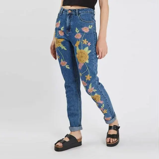 

Spring Autumn Embroidered Washed Denim Jeans Women Embroidered Jeans Floral Emboridery Trousers Women High Waist Pencil Pants