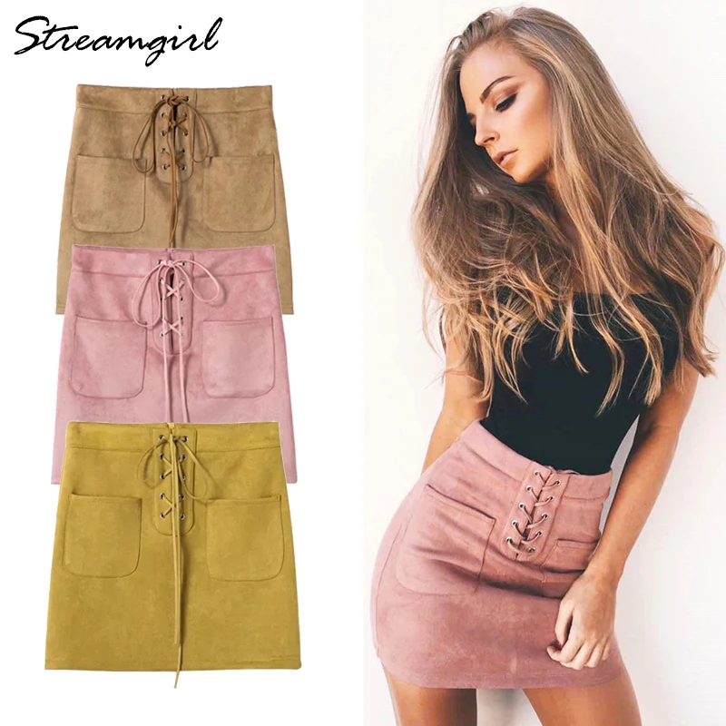 

Tight Suede Lace Up Skirts Womens Leather Woman High Waist Skirt For Women Autumn Mini Sexy Yellow Skirt With Pockets Skirts