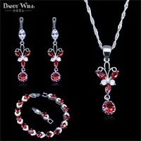 Женские красные камни из четырех частей, кубический цирконий, Мода 925, штамп, серебряный цвет, ювелирные наборы, ожерелье, кольцо, серьги, прелестный браслет