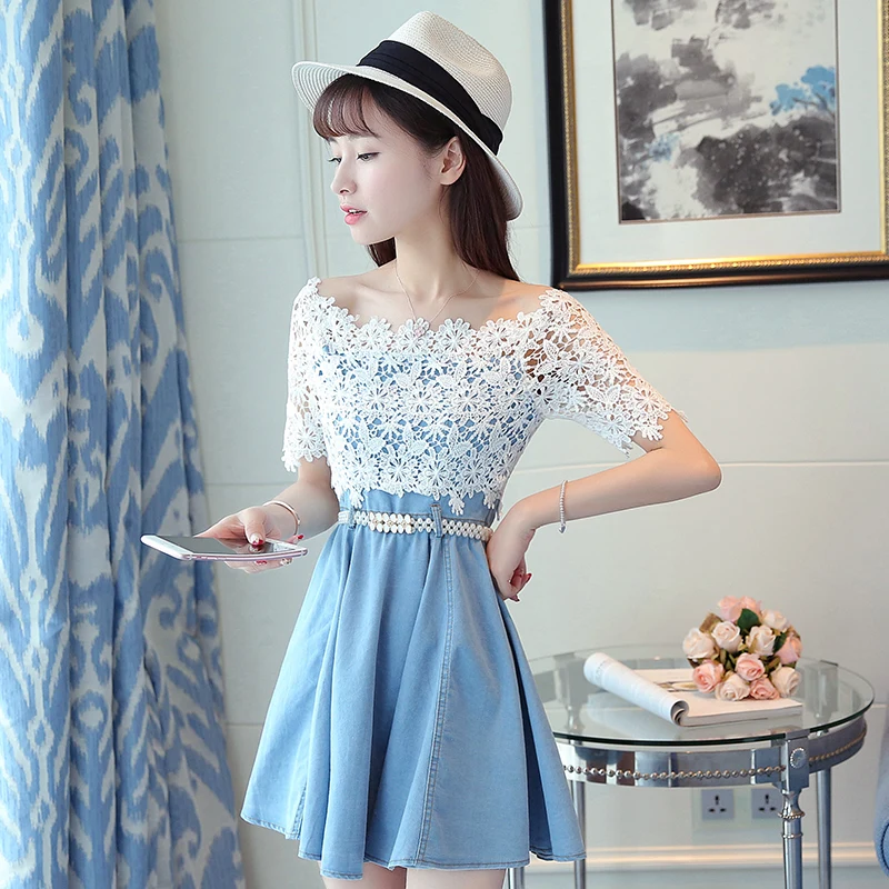 limiguyue Women Lace Denim Style Mini Dresses White Blue
