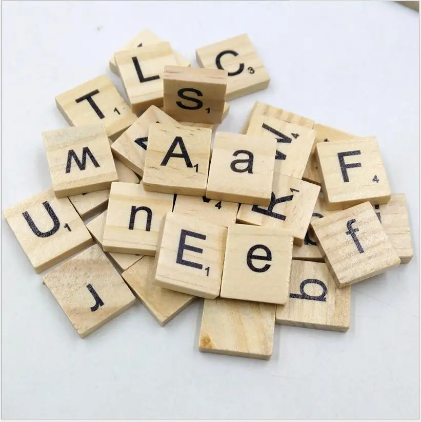 

100pcs/set Wooden Puzzle Box Alphabet Scrabble Tiles Letters Jigsaw puzzle squares For Crafts Wood toys for Children boys girls