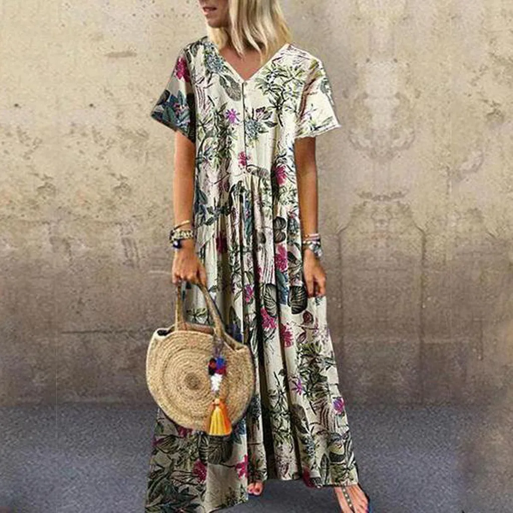 

Vintage Bohemian Floral Printed Drapped Button Maxi Dress Women Short Sleeve V Neck Summer Long Dresses vestidos de festa
