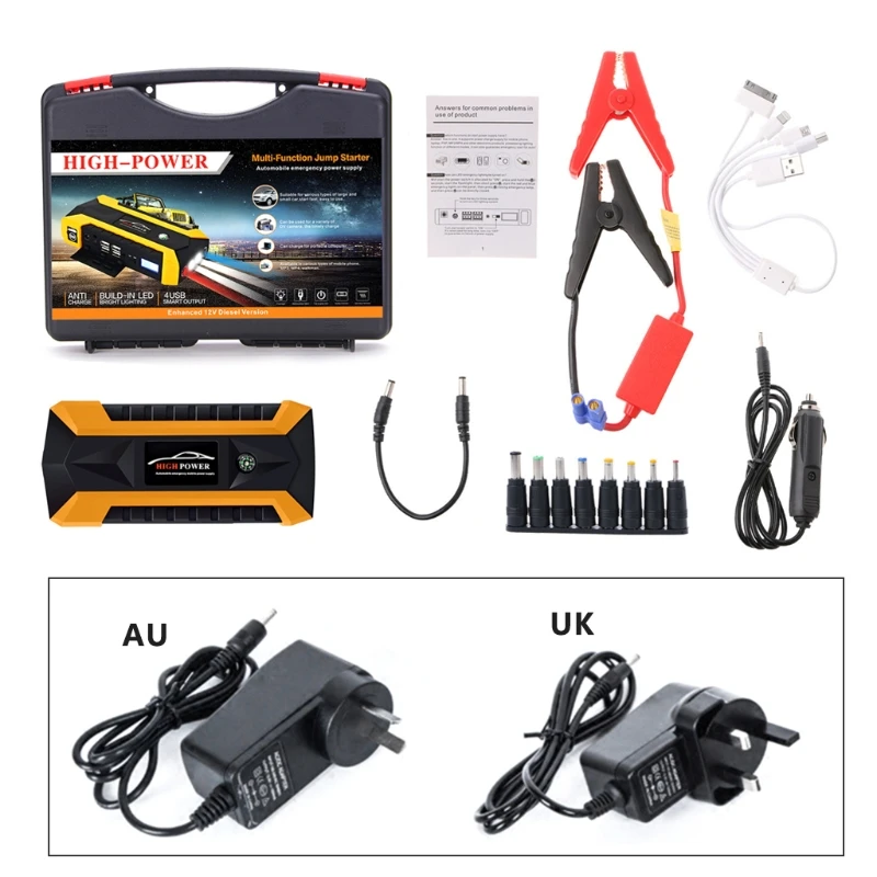 

New 1 Set 89800mAh 4 USB Portable Auto Car Jump Starter Pack Booster Charger Battery Power Bank UK / AU Plug DC 12V