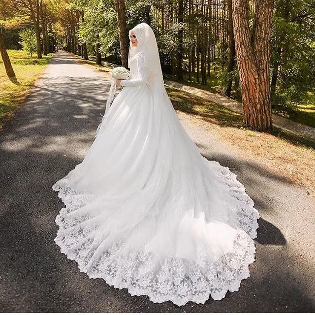 Vestido De Noiva Robe De Mariage Арабский мусульманский роскошный красивый 80 см длинный шлейф хиджаб с длинными рукавами свадебное платье с вуалью